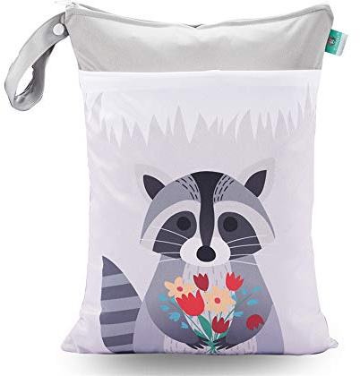 1 Stück Windeltasche Baby Trocken und Nasstasche, Treer Wiederverwendbar Wasserdichte Windel Stoffwindeln Organiser Beutel mit Reißverschluss für Reise Strand (30x40cm,Grauer Tanuki)