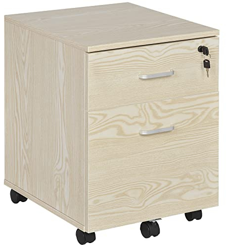 Vinsetto 2-Drawer Locking Office Filing Cabinet w/5 Wheels Oak Wood Grain | Rolling Storage, Hanging A4, Cupboard, Home Organisation