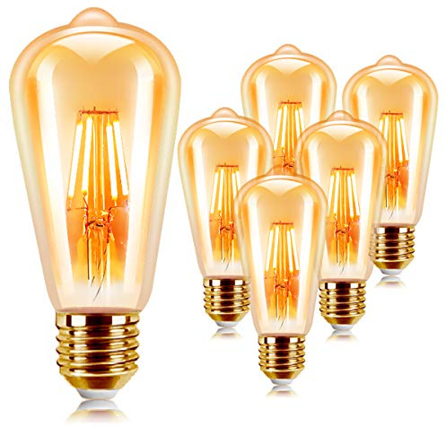 EXTRASTAR Vintage Edison Light Bulb, 6W E27 LED Filament Light Bulb, ST64 Retro Antique Style Amber Glass Screw Lamp, 540LM, Non-Dimmable, 48W Incandescent Equivalent, 2200K Amber Warm - 6 Pack