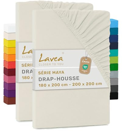 Lavea® 2er Pack Jersey Spannbettlaken 180/200x200cm – Creme Naturweiß | 100% Baumwolle – Weiches Bettlaken für Matratzen bis 20 cm Höhe – Formstabil und Langlebig