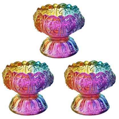 UKCOCO 3Pcs Crystal Lotus Tealight Holder Colored Tibetan Butter Lamp Holder Votive Candlestick Buddhist Altar Supplies for Temples Home Meditation Use