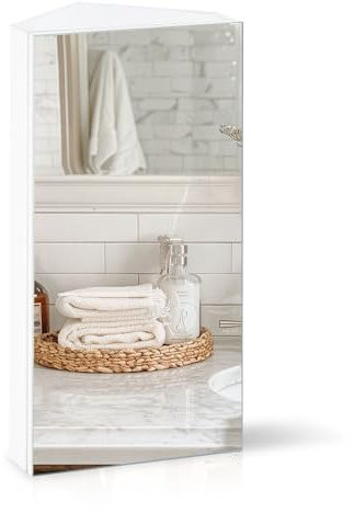 LEMROE Armadio con Specchio Angolare da Bagno - Mobile da Toilette a Muro con 2 Ripiani, Design Compatto, in MDF Resistente all'Umidità, 30 x 24 x 60 cm