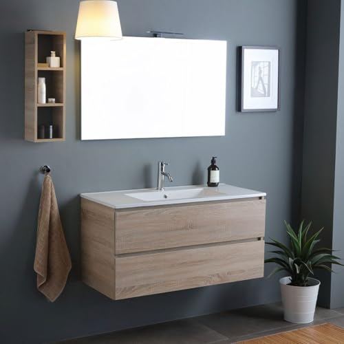 Kiamami Valentina Mobile Bagno Sospeso 100 Cm 2 Cassetti Rovere Berlin | Lavabo ceramica bianco, specchio 100x60 cm con lampada, chiusura rallentata, legno FSC, stile moderno