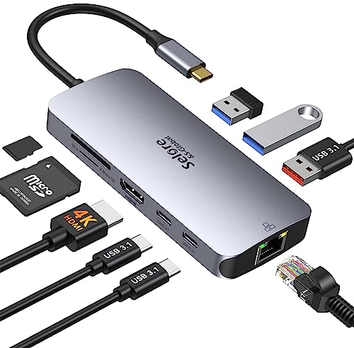 USB C Adapters for MacBook Pro/Air, Selore 9 in 1 USB C Hub with 4K HDMI, 2 * 10Gbps USB-C 3.1 GEN2 Port, 1Gbps Ethernet, USB 3.1 10Gbps Data Ports, 2*USB 3.0 dongle for Dell, HP and More