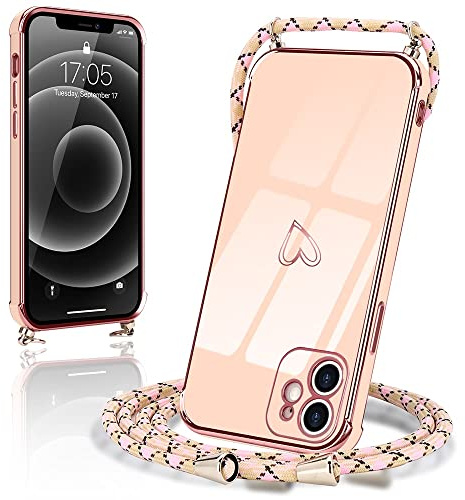 Micoden Handykette für iPhone 11 Hülle Necklace mit Band Herz Design | Kameraschutz Handyhülle Herz Design Galvanik Dünn Silikon Case Bumper Kordel zum Umhängen Stoßfeste Schutzhülle, Rosa