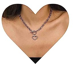 Allereya Silver Boho Love Heart Choker Necklace, Silver Paper Clip Chain, Heart Toggle Necklace, Open Circle T Bar Necklaces, Chain Jewelry for Women and Girls