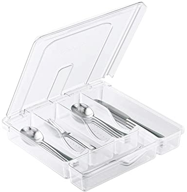 QINOL Besteckkasten für Schubladen mit Deckel, Tragbar Kunststoff Schubladen Organizer mit Abnehmbarem PVC-Deckel, Schutz vor Staub küche Kunststoffablage für Besteck, 5 Fächer, Transparente