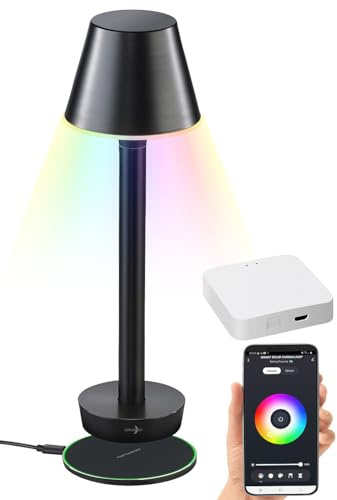 Luminea Home Control Kabellose LED-Tischlampe: Smarte Outdoor-Tischlampe mit WLAN-Gateway, RGB-CCT-LEDs, App, IP67 (mit Sprachsteuerung, Schreibtischleuchten Akku, Leuchte)