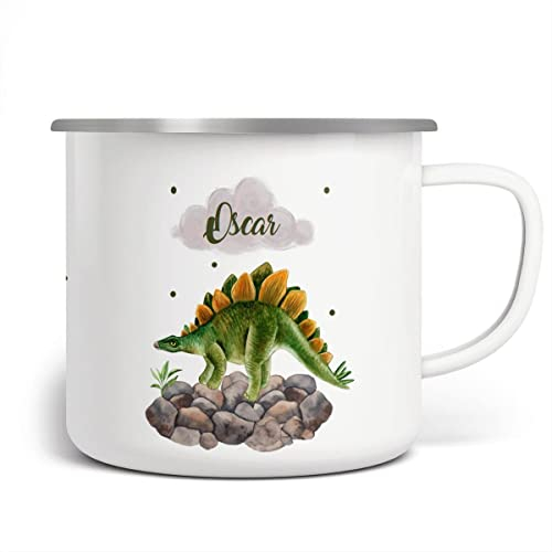 Mikalino Emaille Tasse Stegosaurus Dinosaurier mit mit Wunschname personalisierte Kindertasse mit Namen bedruckt Emaille Becher Emailletasse Geschenk, Farbe:weisssilber, Grösse:300ml