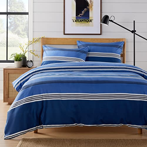 Olivia Rocco Easy Care Printed Duvet Cover Set 100% Polyester Breathable Stylish Comforter Reversible Quilted Bedding Bed Sets With Pillowcases HARLOW STRIPES DUVET SET, BLUE DOUBLE