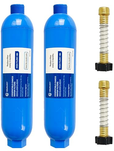Hourleey 2-pack RV Inline vattenfilter med 2 flexibla slangskydd, minskar dålig smak, lukt, rost, fluorid, klor och sediment i dricksvatten, dedikerad för husbilar campare marina