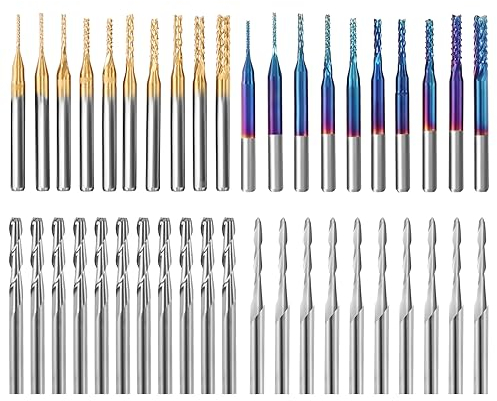 YOFULY CNC Fräser 3.175mm Schaft, 40pcs End Mills CNC Router Bits, 1/8 Shank CNC Cutter Fräsen Carving Bit Set einschließlich 2-Flute Flat Nose & Ball Nose End Mill, Nano Blue Coat & Titanium Coat