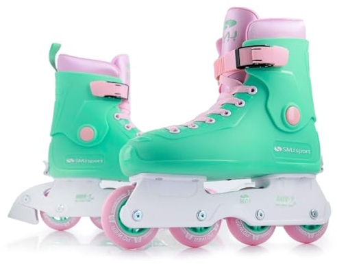SMJ Sport Damen Mädchen Inliner Inlineskates Größenverstellbar | Retro Design | ABEC7 Kugellager | Einstellbare Skates für Kinder und Erwachsene | Mint/Rosa (L (39-42))