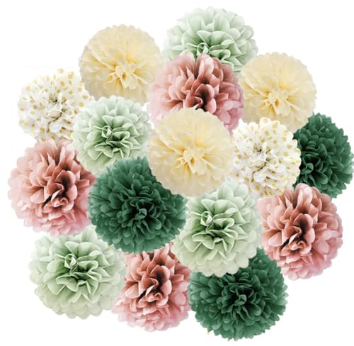 16pcs Dusty Rose Olive Sage Green Tissue Paper Pom Poms Flowers Sage Green Dusty Pink Party Decorations for Bridal Shower Baby Shower Rustic Wedding Birthday Engagement Hen Party Decor