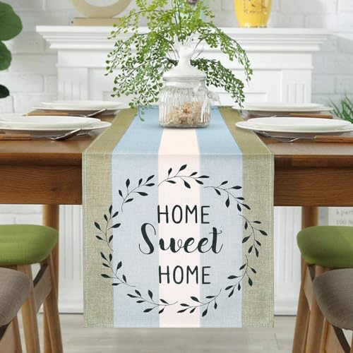 Tischläufer Grau Leinen Modern 33x183 Tischläufer Blau Streifen Bauernhaus Rustikale Retro Table Runner für Esstisch Party Hochzeit Wohnzimmer Picknicks im Freien Küchendekoration