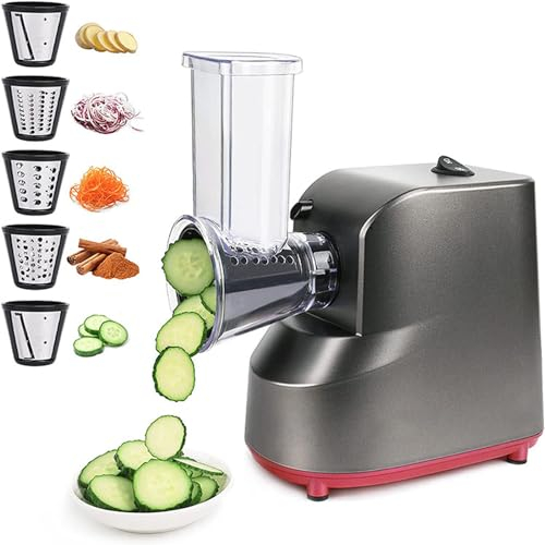XoTiq 5-in-1 electric grater, household slicing multifunctional electric vegetable cutter, grater shredder, fruit and vegetable cutter, salad maker with 5 free attachments
