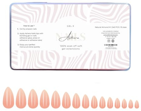 Ashera Nails Capsules Soft Gel Premium Amande Natural Medium | 240 Capsules, 15 Tailles - Pose Américaine Semi-Transparente - Faux Ongles Nude Inclusifs, Forme Almond