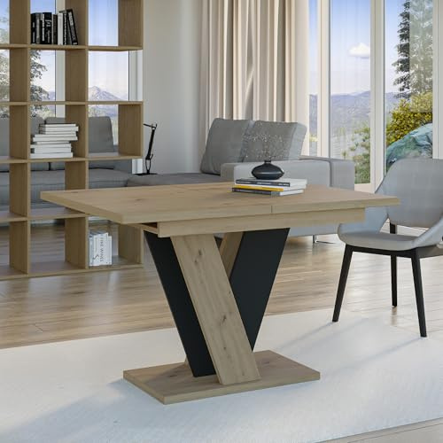 PROROOM FURNITURE - Nevi Table - Esstisch - mit V-Gestell - Säulentisch - Rechteckig - 120x90x75 cm - Ausziehbar auf 160 cm - Modern - für Esszimmer, Küche, Wohnzimmer, Salon - Schwarz & Holzoptik