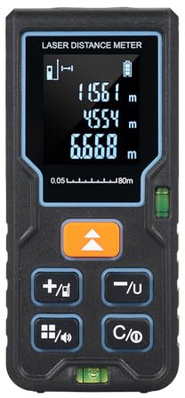 Mulcort Télémètre Laser 80M/262ft,Mesure Laser Portable avec 2 Niveaux à Bulles Grand écran LCD rétroéclairé Commutation d'unité m/ft/in Mode Pythagore Mesure du Volume de la Zone de Distance