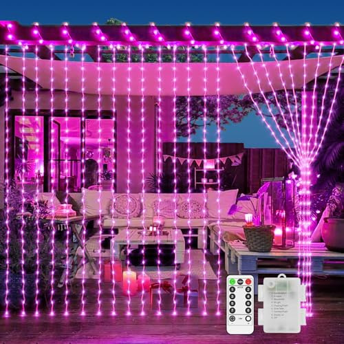 JXLEDAYY Curtain Fairy Lights Battery Operated, 2m x 2m 200 LED Pink Lights Outdoor Waterproof Window Lights with Remote 8 Modes Timer for Indoor Room Garden Patio Party Wedding Decorations