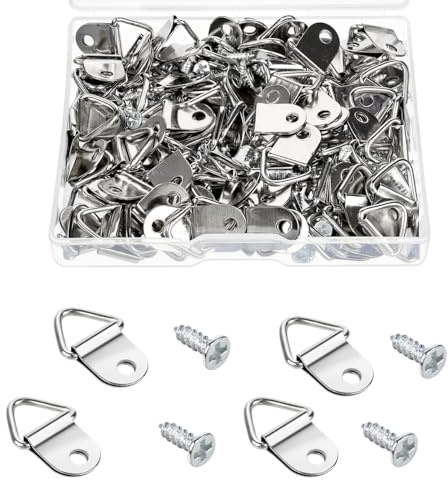 100 Pack Steel Picture Hangers with 100pcs 8mm Screws, Small Triangle Ring, Light Duty D Rings for Clock, Decoration, Mirror, Paintings, Artwork Picture Frame (Silver)