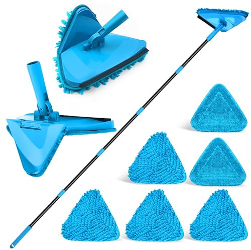NEWE Wall Mop Cleaner with 202 cm Long Handle, 180° Folding Ceiling Cleaning Tool with Squeegee, Triangle Baseboard Scrubber with 4 Chenille Duster and 2 Microfiber Pads (Blue)