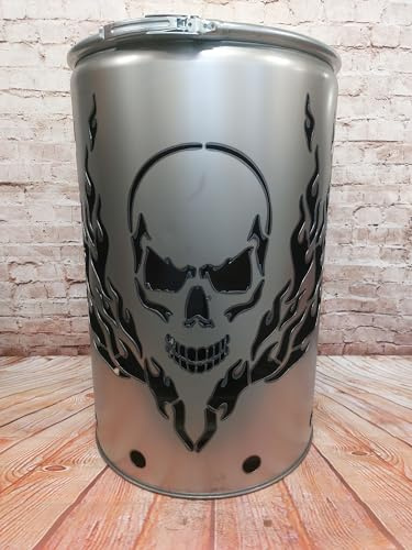 Fuchsbau Feuertonnen Feuertonne mit - Totenkopf Flammen - Motiv - Gefertigt aus neuem Ölfass - Besondere Feuerstelle für Garten und Terrasse - Hohe Feuerschale mit Rostoptik - 90 x 60 cm