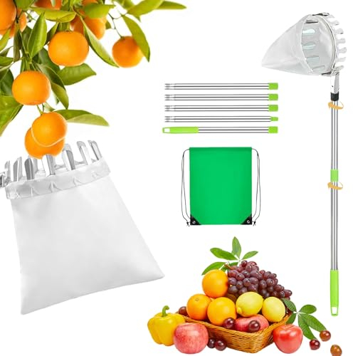 Ajuanbazha Obstpflücker Diameter 16 Cm, 3m Obstsammler mit Teleskopstiel, Obstpflücker für Kirschen mit Leichter Edelstahl Teleskoppfahl und Baumwollbeutel, Obstpflücker Teleskop