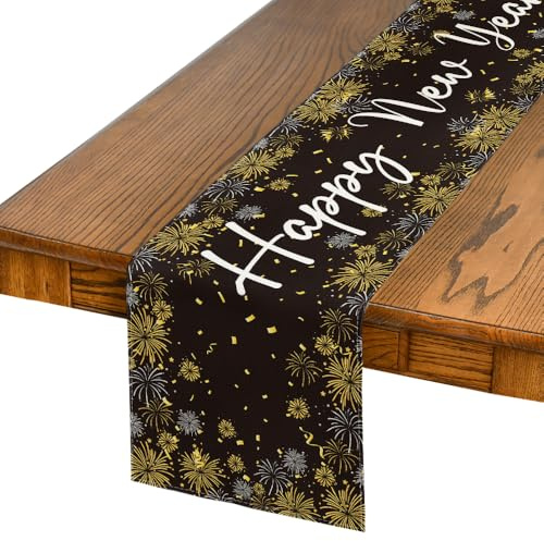 Artoid Mode Chemin de table Happy New Year 2026 - Motif feux d'artifice - Décoration de table de cuisine en intérieur, décor de fête/vacances - 40 x 140 cm