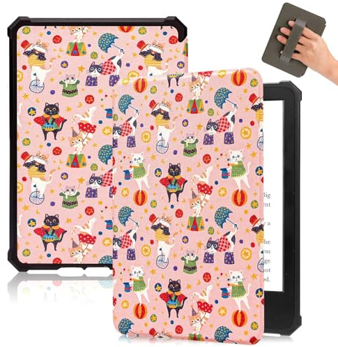 Fancity Hülle Kompatibel mit 6 Zoll Kindle 11. Generation 2024 2022 Release | Weiche TPU & PU Leder Hülle Kompatibel mit 6 Kindle 11th Generation, Handschlaufe Intelligente Schlaf/Wachen, Cat Circus