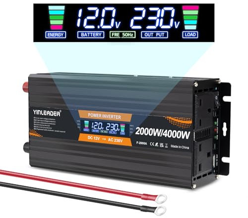 Yinleader Power Inverter 2000W /4000W DC 12V to 240V AC with LCD Display Power Converter with 2 UK Sockets & 2 USB Ports for Car Camping RV Household Truck