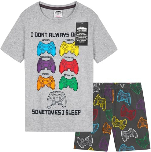 CityComfort Pyjamas för pojkar och tonåringar kort pyjamasset, myskläder mjuka spelare nattkläder andningsbara sommar nattkläder spelgåvor för pojkar, Grå/flerfärgad, 9-10 Years