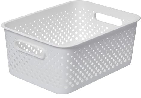 SmartStore Storage Basket with Handles in White 11.4L (36.5x27x15cm) | Plastic Storage Bin from Recycled Plastic | Essence L Storage Box fits A4 paper| Storage with 10-year Warranty