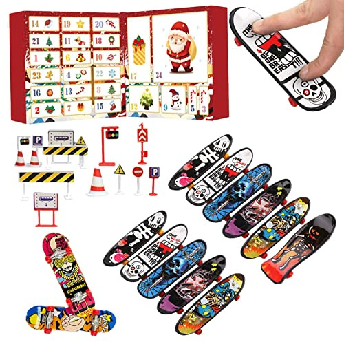 Calendario de Adviento de patinetas para Dedos 2024, Minis Finger Skateboard Set Calendario de Cuenta atrás de Navidad, Tabla de Skate para Entrenamiento con Dedos Calendario de Adviento Juguete
