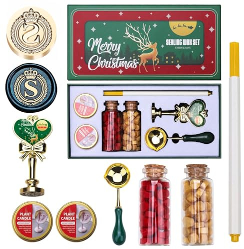 eihnachten Wachs Siegel Stempel Kit, Atopbb Brief S Siegel Wachs SiegelKit mit Weihnachtsgeschenkbox, Weihnachten WachsSiegel Set mit 2 Flasche WachsSiegel Perlen, Wachs Löffel Stift (S)