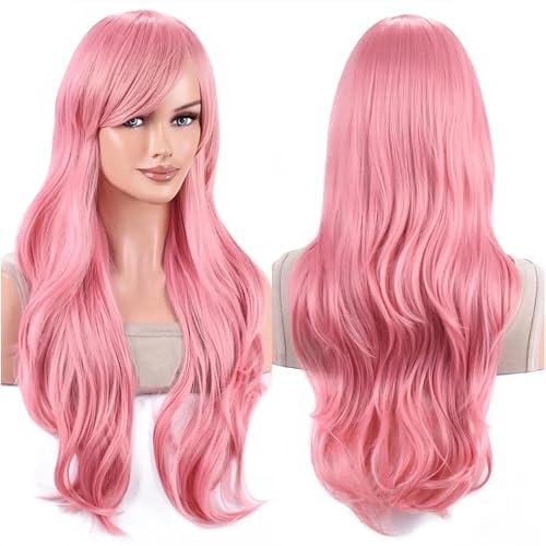 IMISSU 70cm långt hår vatten vågiga peruker med lugg cosplay kostym peruk (Rosa)