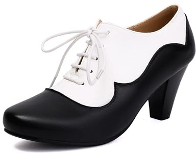 Mary Jane Scarpe da donna anno Pump Heels Oxford Classic e Retro Lace Up Two Tones vintage 50s con punta chiusa rotonda 40s, Nero, 37 EU