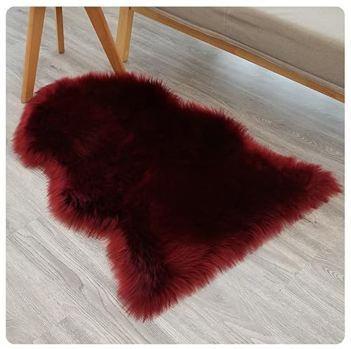 Rockreyoa Lammfell Schaffell Teppich Faux Lammfell Schaffell Teppich Fellteppich Kunstfell Weicher Fell Carpet Kunstfell Teppich Longhair Flauschiger Teppich für Bettvorleger Sofa Weinrot 60x90cm