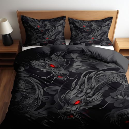 CozyRest Juego de Funda nórdica para niños, Dragón Negro con Ojos Rojos, 2 Piezas, 135 x 200 cm, Suave, cómodo, Negro, Reversible, Transpirable