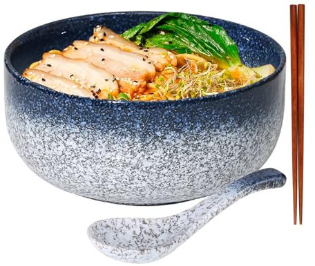 ZPPLD Tazón Cerámica Ramen,Cuenco Japonés Cerámica Ramen,Ensaladera Cerámican,Ramen Bowl con cuchara Palillos,Tazones sopa Porcelana,Apto para Lavavajillas y Microondas (azul)