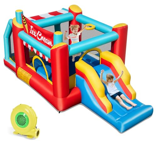 RELAX4LIFE Castello Gonfiabile per Bambini, 5-in-1 a Tema Gelato con Scivolo, Area Salto, Canestro da Basket, Piscina di Palline e Gioco del Lancio dell'Anello, per Giardino (con Soffiatore)