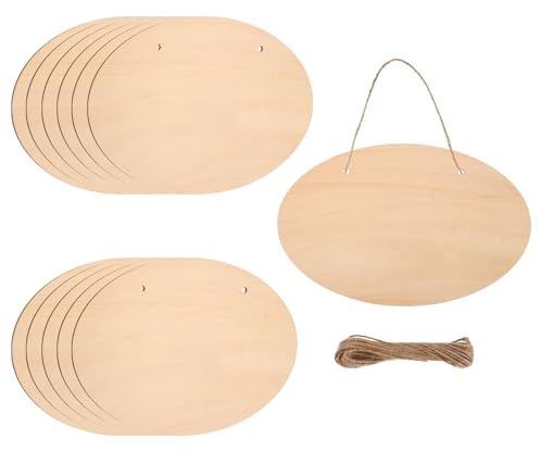 sourcing map Unfinished Hanging Wood Sign Blank with Ropes 9x6 Unfinished Wood Crafts Boards Wooden Plaques for Crafts DIY Painting Burning Carving Door Wall Decoration, Style 7, Pack of 12