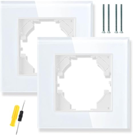 Acmerota Marco de cristal para interruptor de luz y enchufe, color blanco, marco de 1 toma, interruptor de 1 compartimento, para enchufes e interruptores, placa de cristal, blanco, 86 x 86 mm