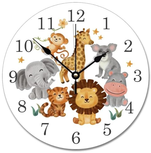 LMMIXEE Horloge murale ronde pour chambre de bébé, chambre d'enfant, 25,4 cm motif animaux de la jungle, horloge murale ronde à piles, silencieuse, sans tic-tac, décoration murale pour chambre à