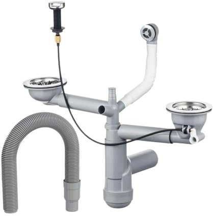 LAXARA Flexlok con comando eccentrico e uscita lavello Ø 114 mm valvola a cestello | scarico con manopola | sifone lavello salvaspazio | effetto acciaio inox | 2 vasche rotonde con tubo di scarico)