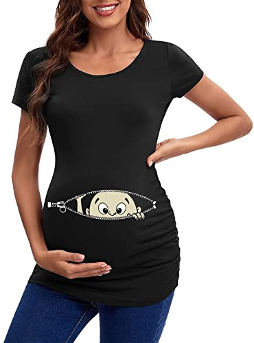 Idées grossesse annonce femmes maternité manches courtes col ras du cou mignon lettre avec pots imprimés T-shirts pendant la grossesse allaitement haut femme hiver, Noir , XL