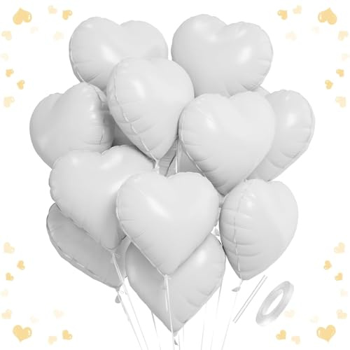 Ovanda Herz Folienballons, 18 Zoll Weiß Folienballon Herzs, Weiße Luftballons, Weiße Herz Luftballons Hochzeit Helium Set, Ballons mit Herzform Geeignet für Valentinstag, Hochzeitsfeier, Anniversary