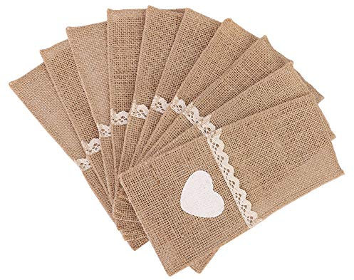 Yinhing Burlap Lace Utensil Holders, Knife Fork Bag Burlap Knife Fork Pocket Pouch 10PCS Jute Lace Cutlery Holder Cutlery Pocket for Wedding Christmas Party Decor (Love tableware bags)