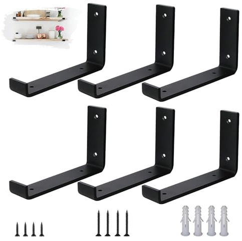 VTOPVMAX Regalhalterungen Schwerlastwinkel 6 Stück - 5 mm Starke Stahl Metall Regalträger mit Lippen, Industrielle Rustikale Schwarz Wand Regal Halterungen Kit 20 cm