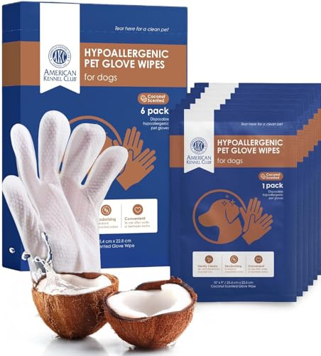AKC Coconut-Scented Dog Bathing Glove Wipes, 6 Pack, No-Rinse Deodorizing Gloves for All Dog Sizes & Fur Types, Waterless Quick Cleaning for Paws, Fur & Travel